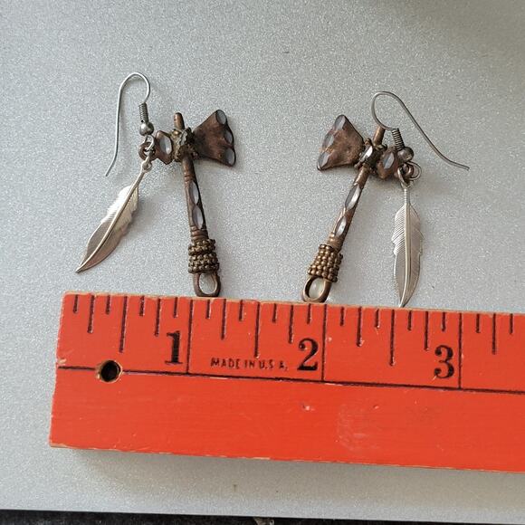 Tomahawk Hatchet Feather Charm Earrings 3” - Picture 2 of 3
